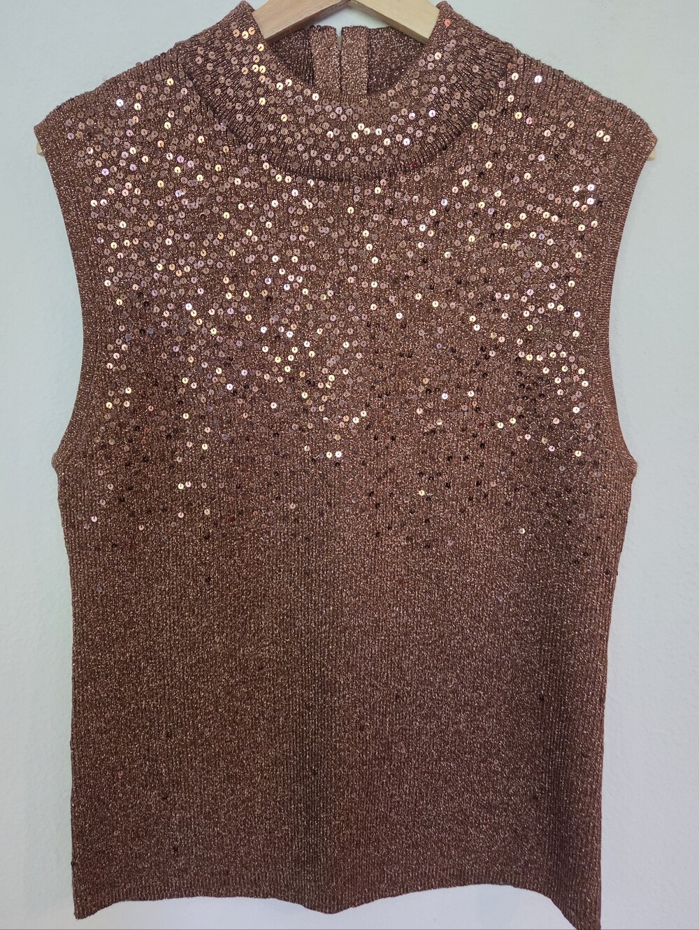 Investments Sleeveless Sequin Cotton Knit Crew Neck Sweater Brown XL